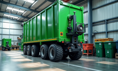 Camion ampliroll soulevant un conteneur vert dans une usine de recyclage