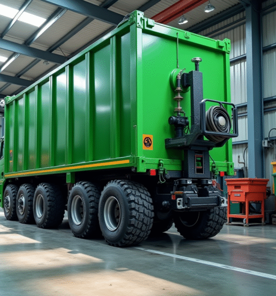Camion ampliroll soulevant un conteneur vert dans une usine de recyclage