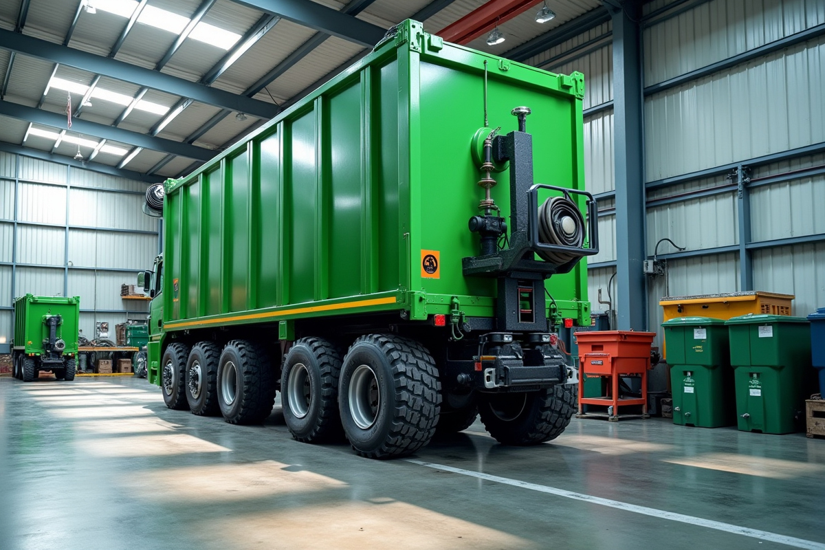 Camion ampliroll soulevant un conteneur vert dans une usine de recyclage