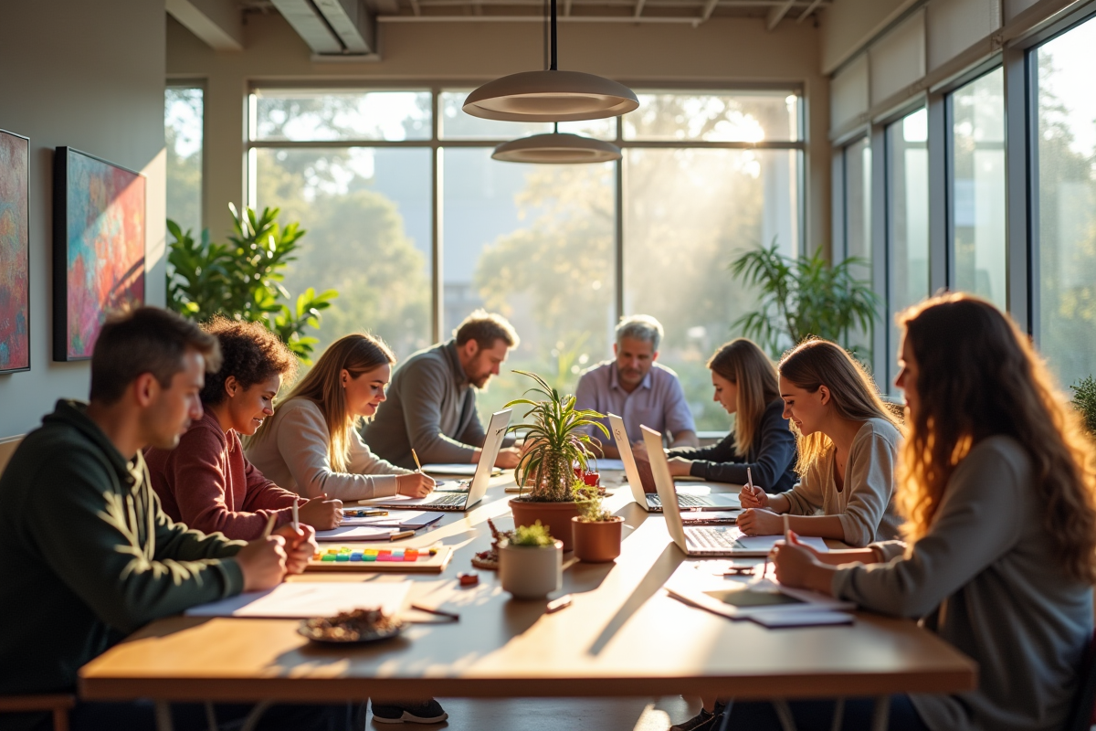 Participants créant dans un centre communautaire lumineux