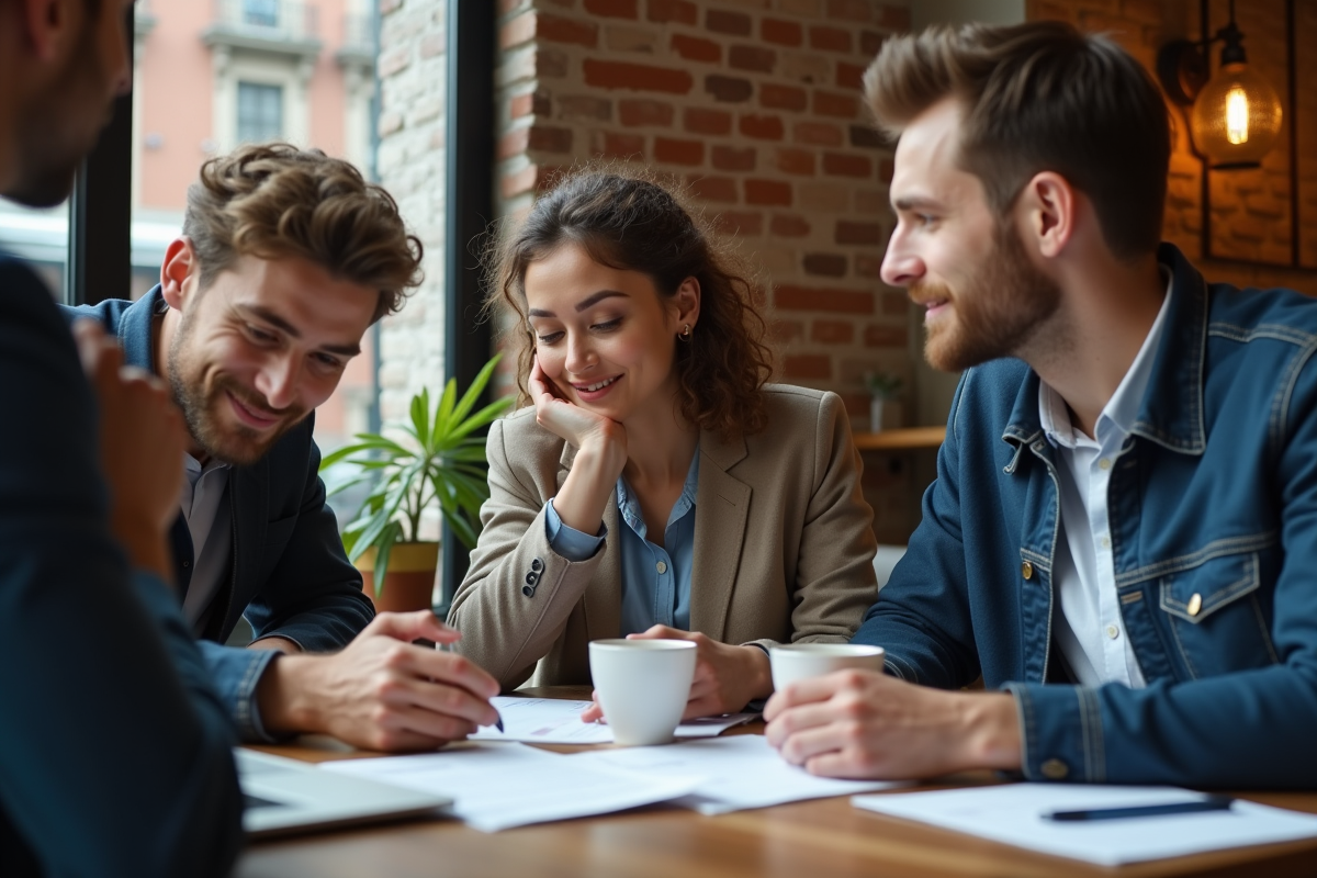 Jeunes professionnels en brainstorming dans un café