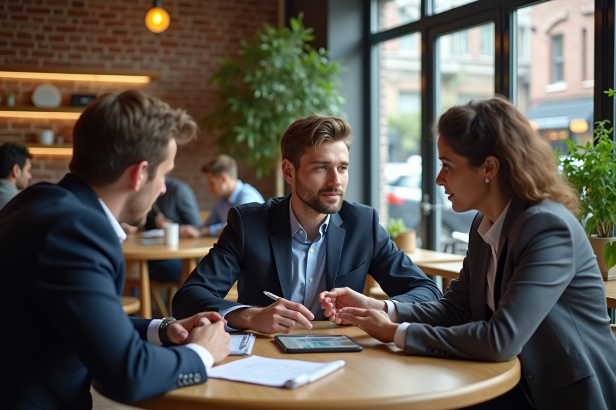 Groupe de professionnels en réunion dans un café chaleureux