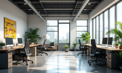 Espace de bureau moderne sans fenêtres avec plantes et art motivant