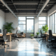Espace de bureau moderne sans fenêtres avec plantes et art motivant