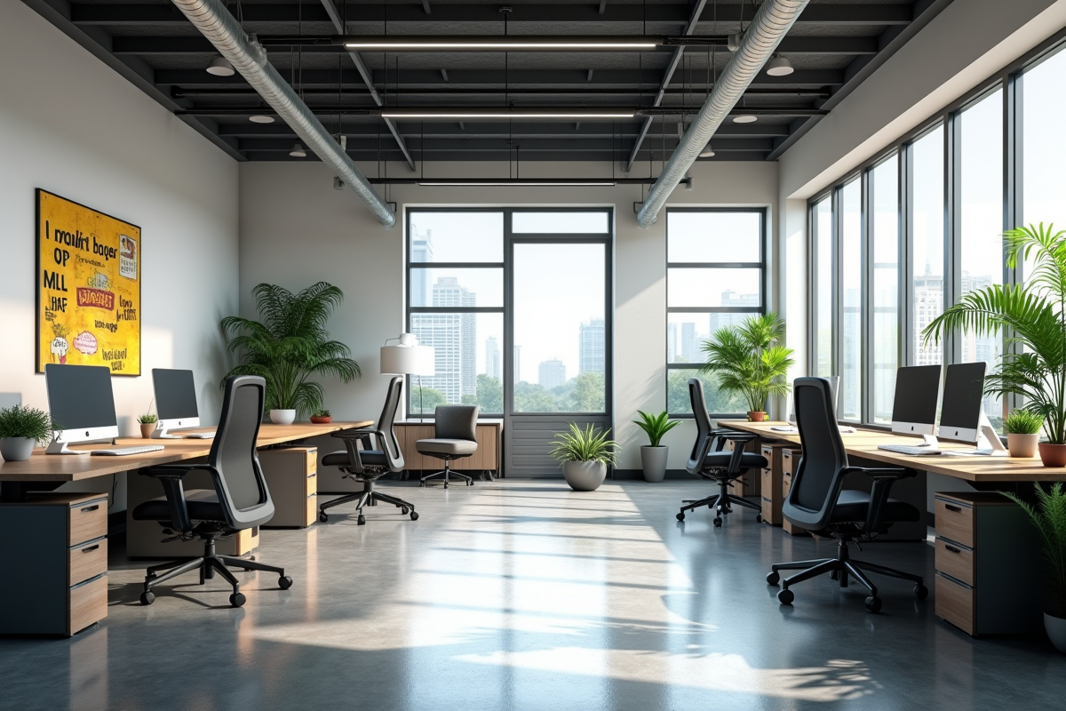 Espace de bureau moderne sans fenêtres avec plantes et art motivant