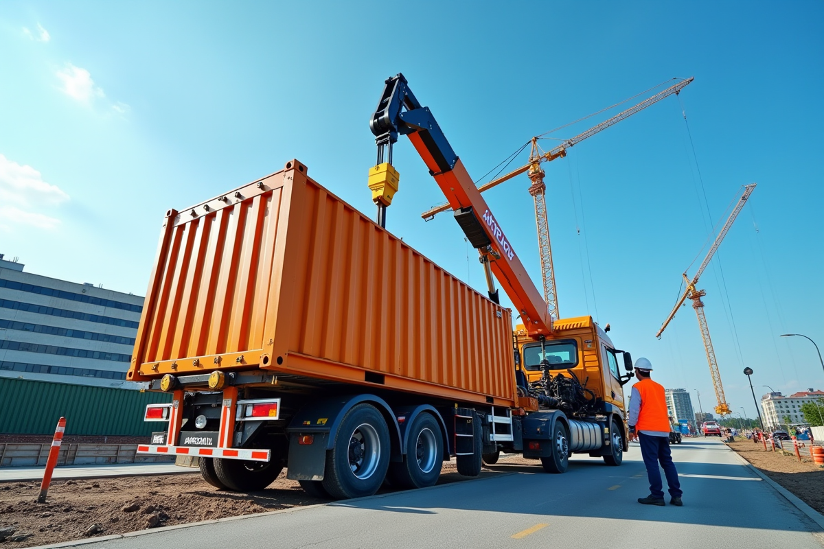 Chargement d un conteneur ampliroll sur un camion sur un chantier urbain