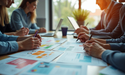 Groupe de personnes collaborant autour de flyers colorés au bureau