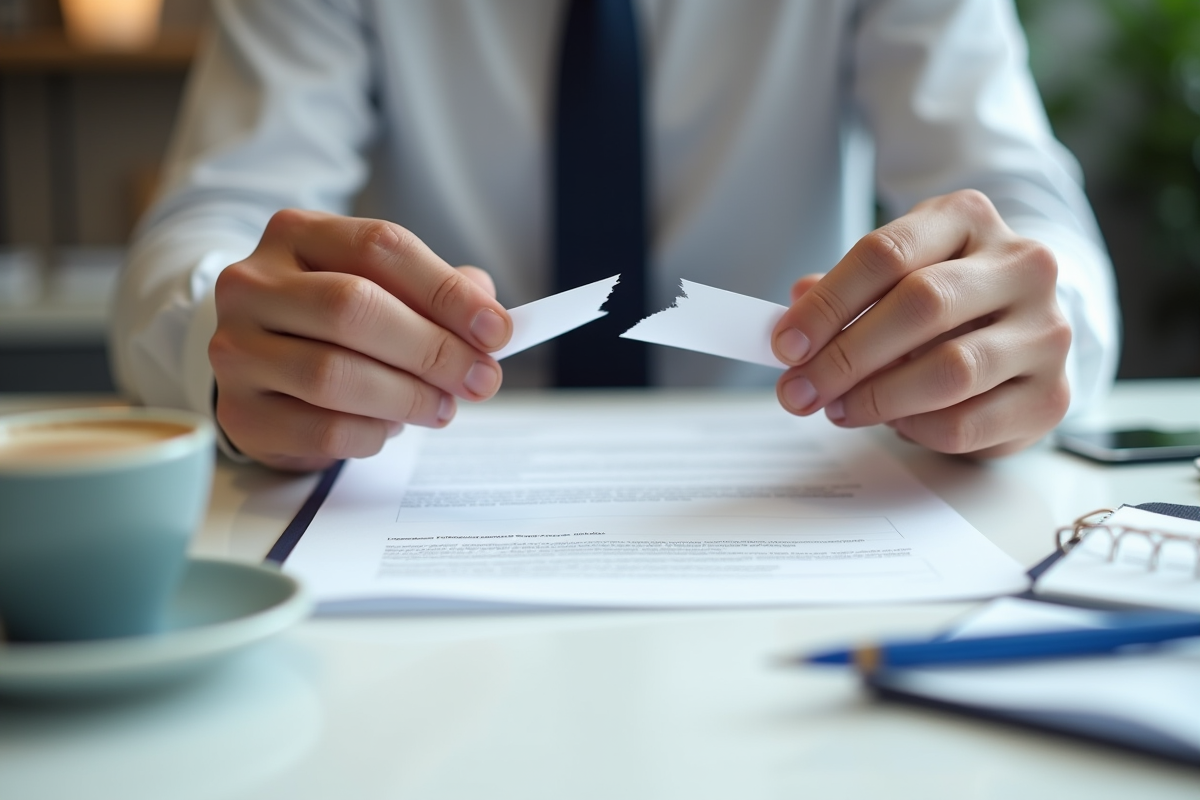 Mains déchirant une feuille de contrat dans un bureau propre