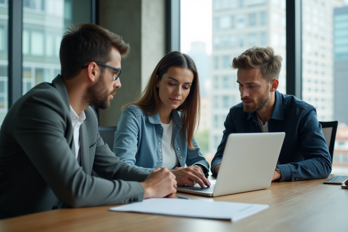 Groupe de trois collègues en réunion dans un bureau moderne