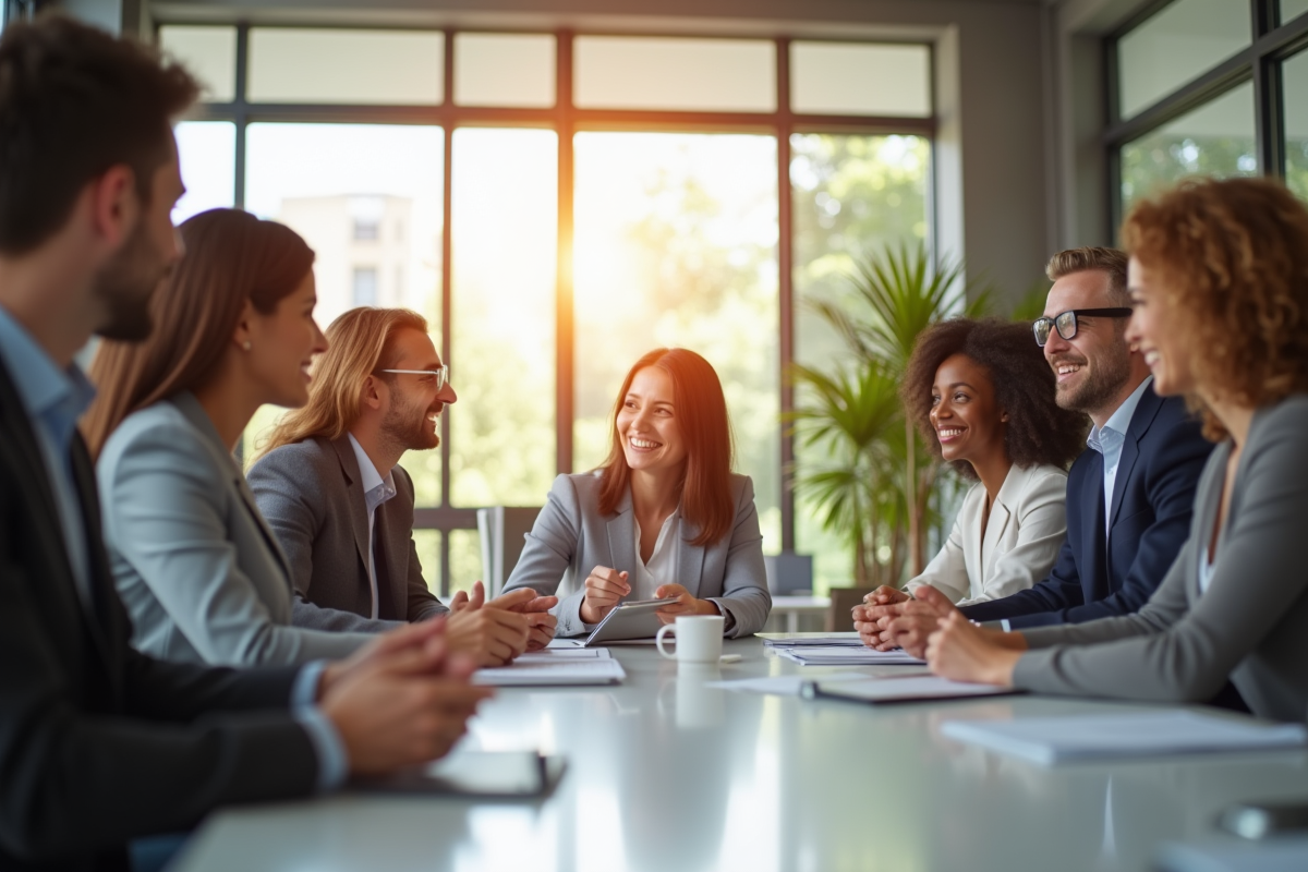 Groupe divers d'employes en reunion de bureau