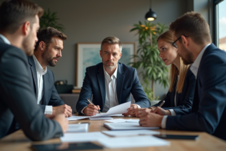 Groupe de professionnels en réunion d'affaires sérieuse