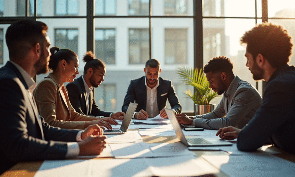 Groupe de professionnels collaborant dans un bureau lumineux