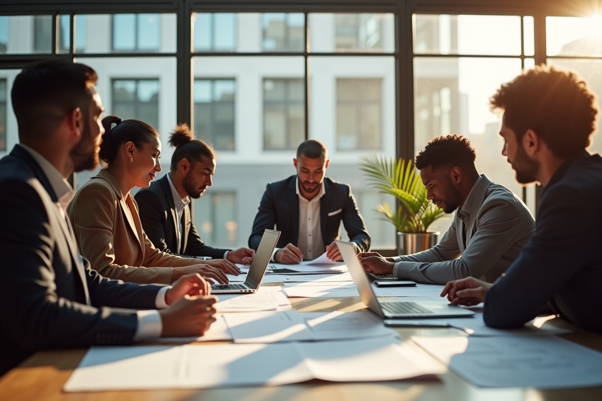 Groupe de professionnels collaborant dans un bureau lumineux