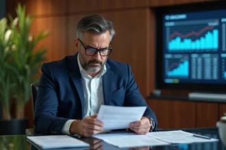 Homme d'affaires en costume navy dans un bureau moderne