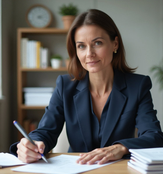Femme d'âge moyen en costume navy dans un bureau moderne