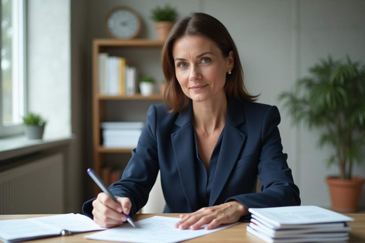 Femme d'âge moyen en costume navy dans un bureau moderne