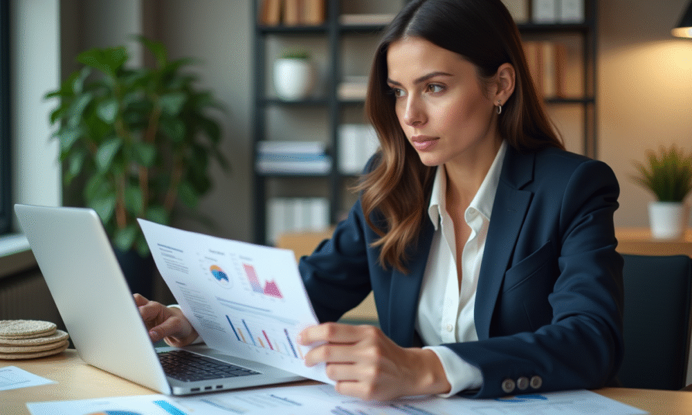Femme d affaires analysant des graphiques dans un bureau lumineux