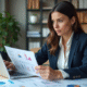 Femme d affaires analysant des graphiques dans un bureau lumineux