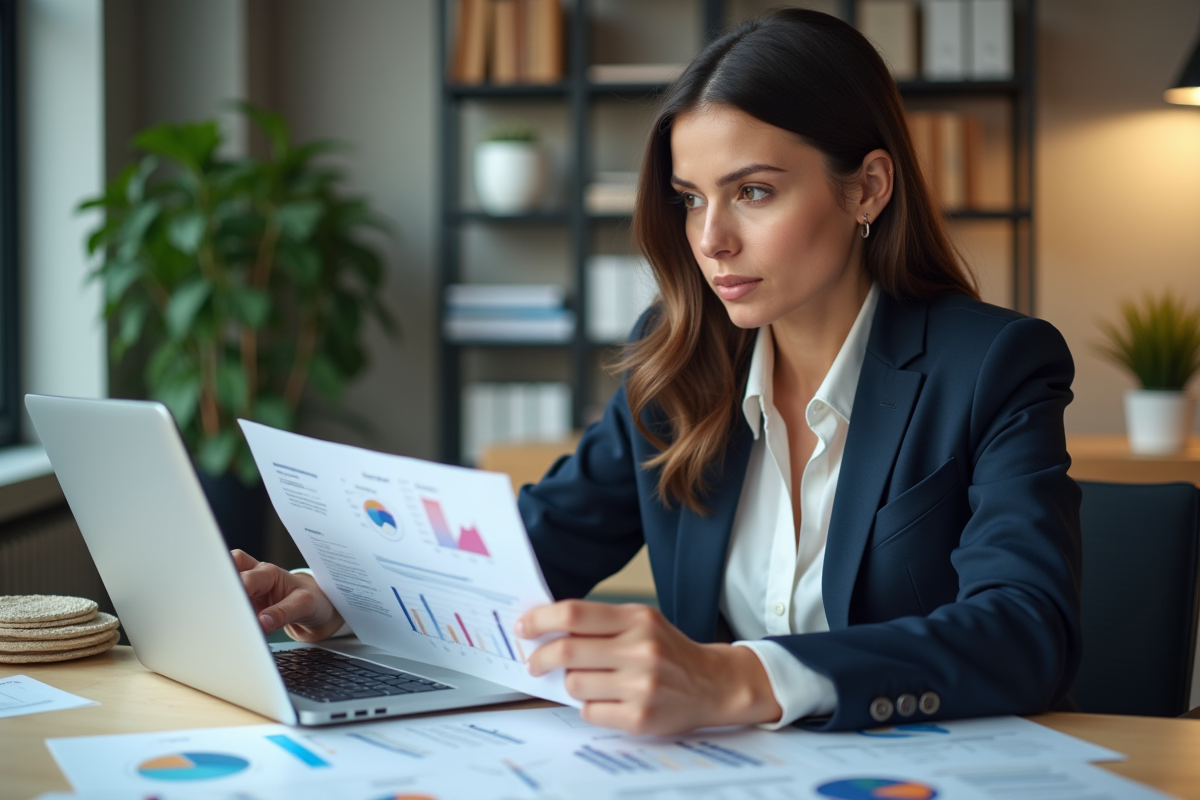 Femme d affaires analysant des graphiques dans un bureau lumineux