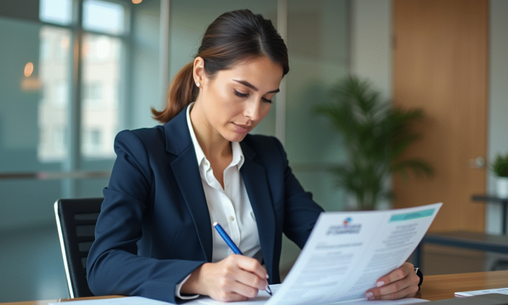 Femme d'affaires concentrée à son bureau avec documents officiels