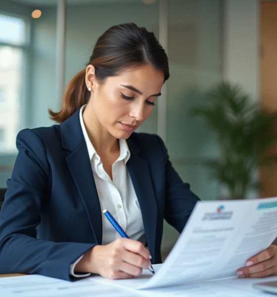 Femme d'affaires concentrée à son bureau avec documents officiels