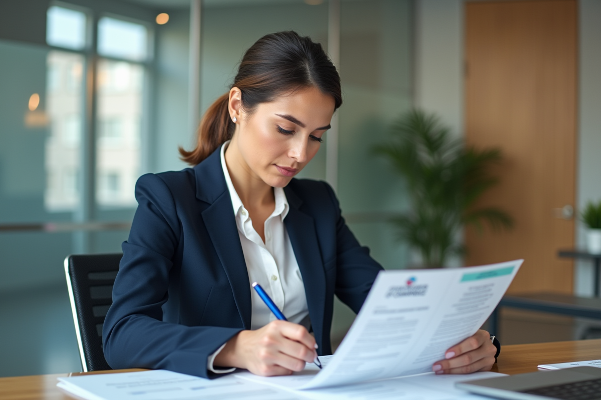 Femme d'affaires concentrée à son bureau avec documents officiels