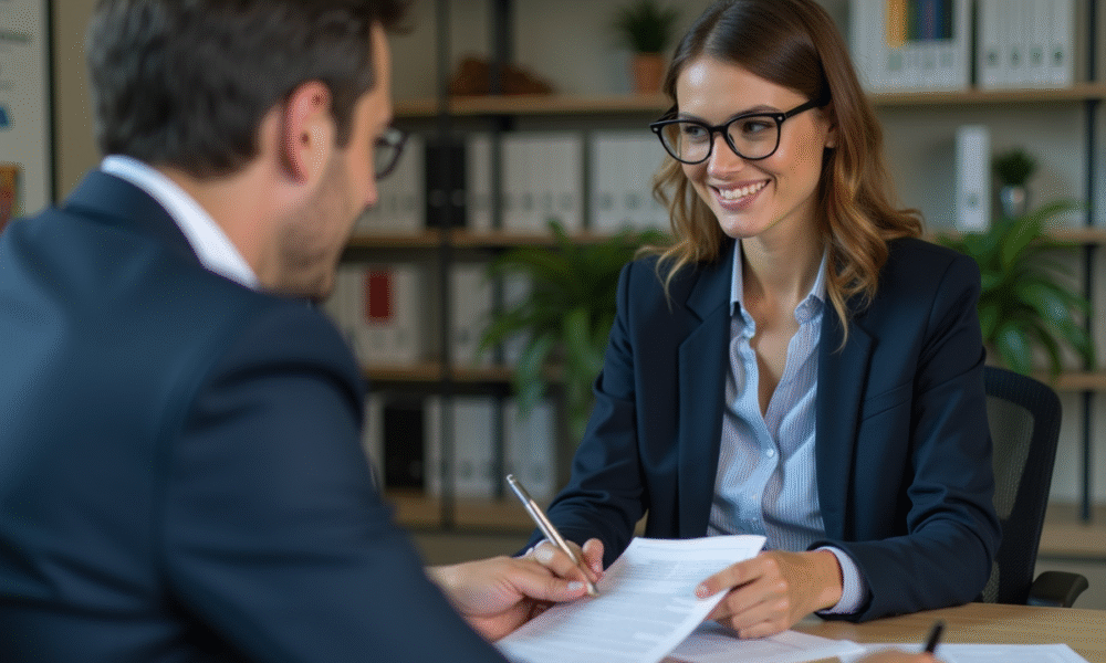 Femme d'affaires en costume bleu discutant avec un client dans un bureau moderne