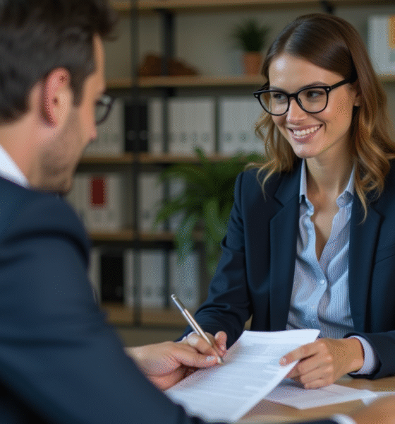 Femme d'affaires en costume bleu discutant avec un client dans un bureau moderne