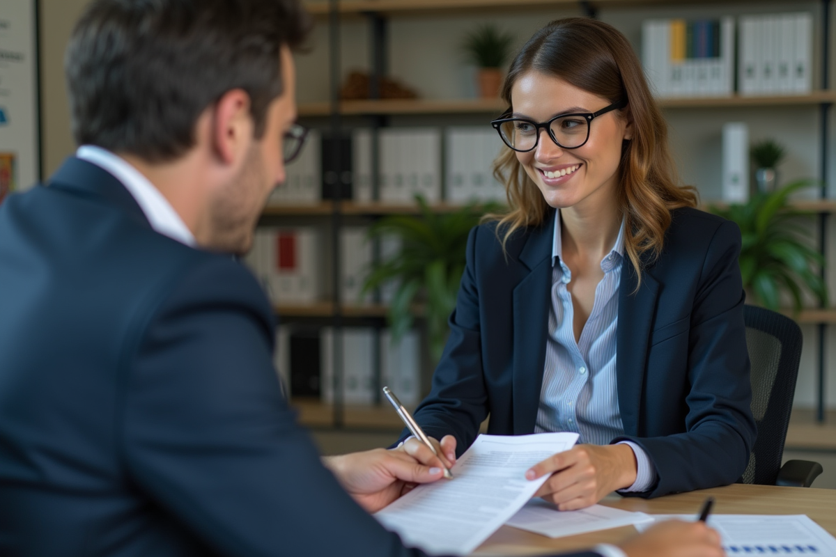 Femme d'affaires en costume bleu discutant avec un client dans un bureau moderne