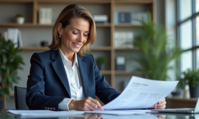 Femme d'affaires confiante en costume bleu dans un bureau moderne