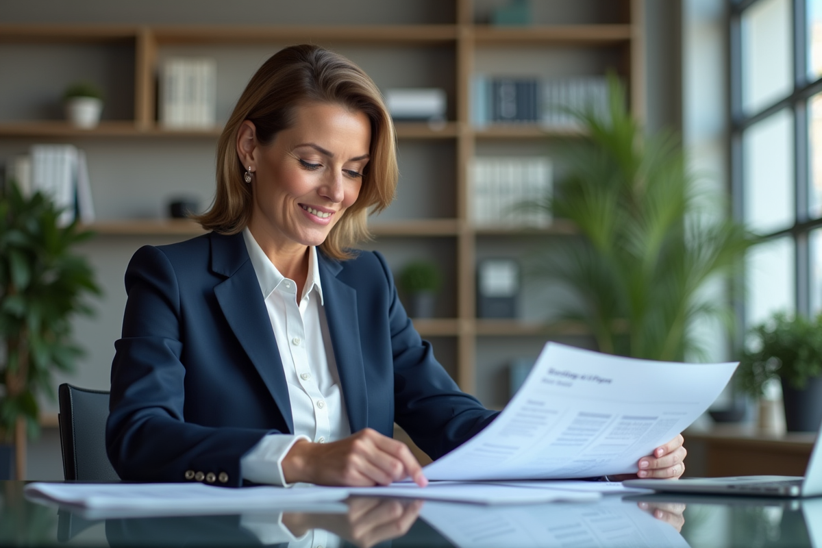 Femme d'affaires confiante en costume bleu dans un bureau moderne