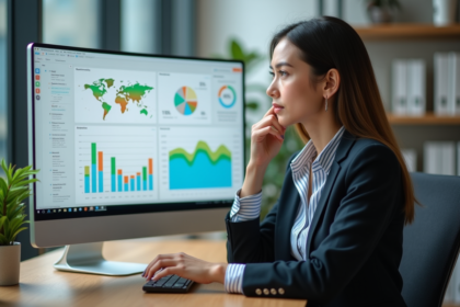 Jeune femme professionnelle analysant un tableau marketing