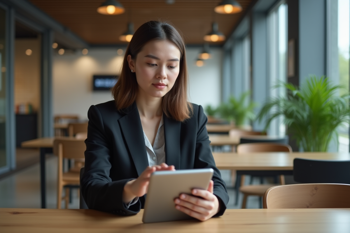 Jeune femme professionnelle analysant des données sur une tablette
