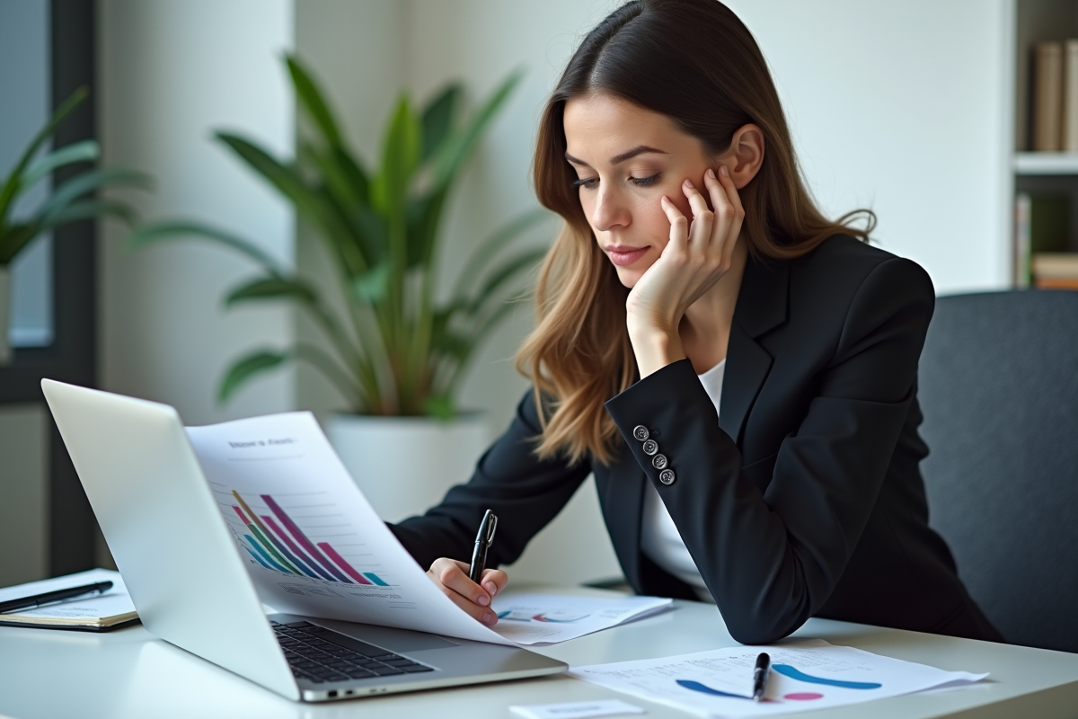 Femme d'affaires analysant des notes et graphique