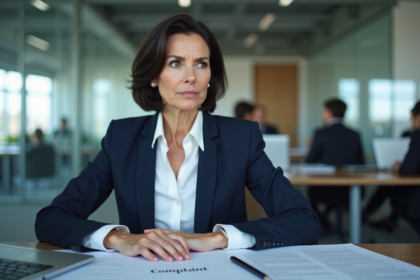 Femme d'âge moyen au bureau avec document plainte