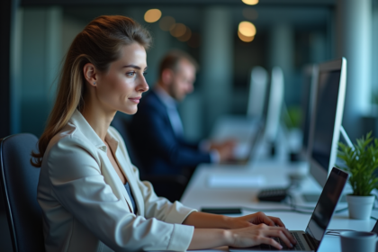 Femme concentrée travaillant sur un ordinateur en bureau