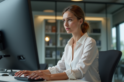 Femme en bureau moderne regardant son écran de travail