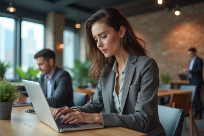 Femme en blazer travaillant dans un espace coworking moderne