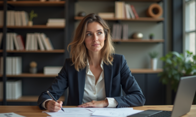 Femme concentrée au bureau avec documents et ordinateur