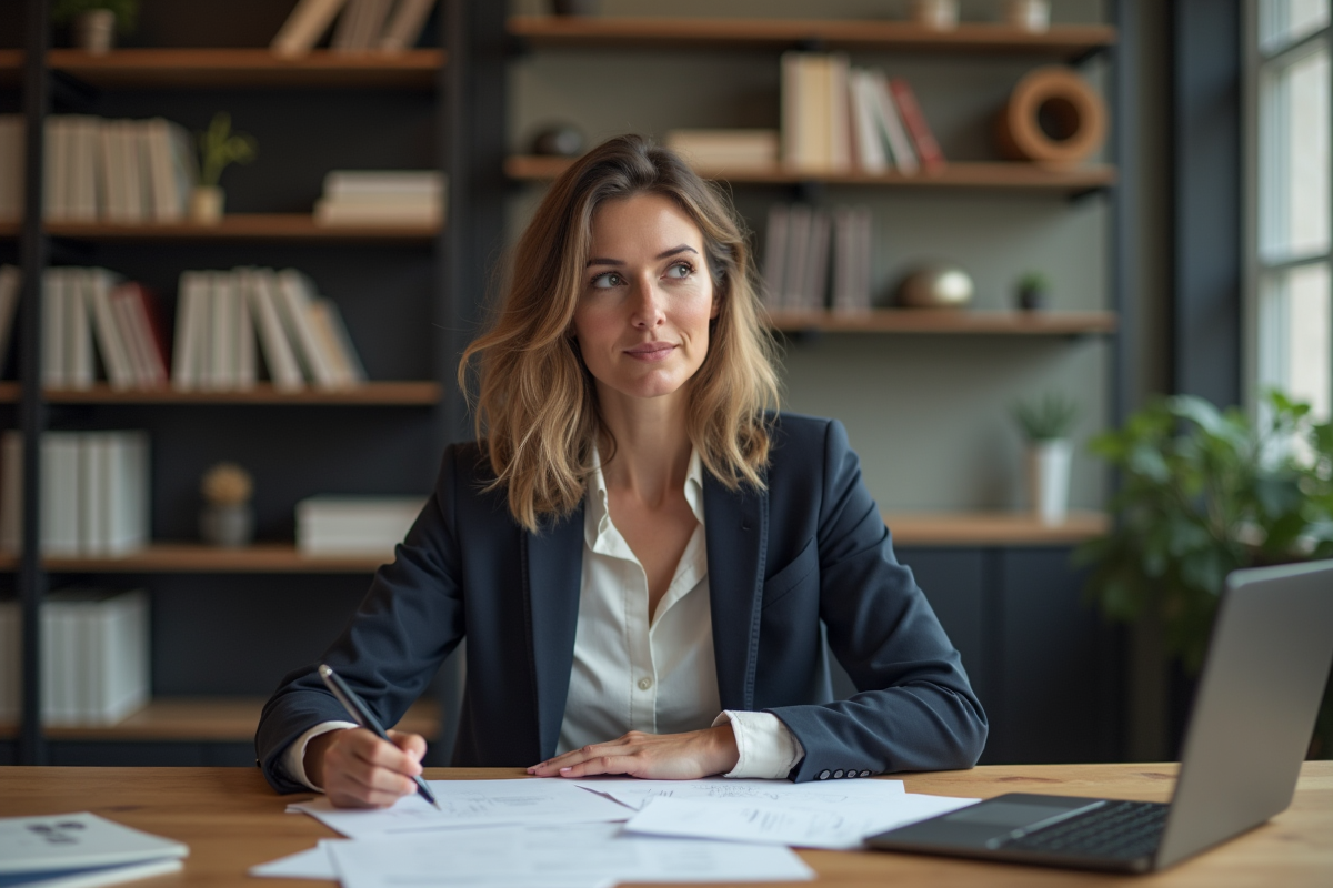 Femme concentrée au bureau avec documents et ordinateur