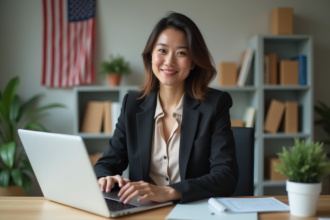 Femme confiante au bureau avec drapeau US et bibliothèque