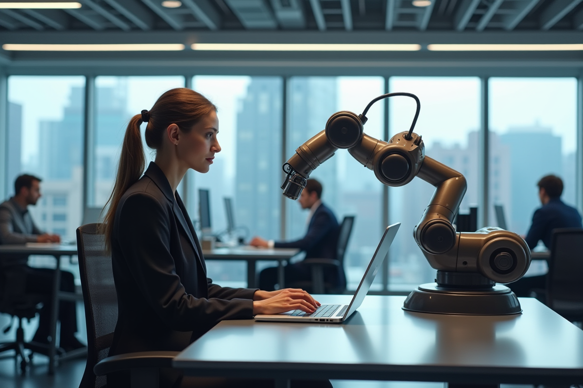 Jeune femme en tenue professionnelle utilisant un ordinateur avec robot collaboratif dans un bureau moderne