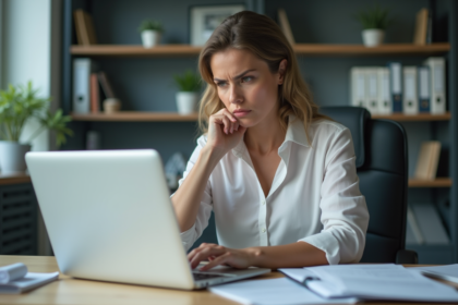 Femme d affaires au bureau en pleine réflexion