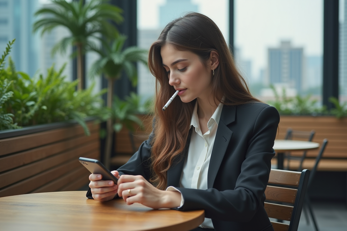 Jeune femme au café vérifiant son téléphone