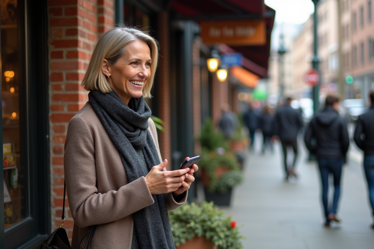 Femme discutant avec smartphone devant un café animé en ville