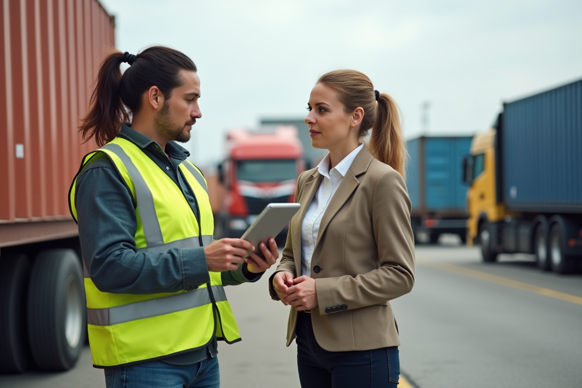 Femme confiante discutant avec un collègue près des quais de chargement