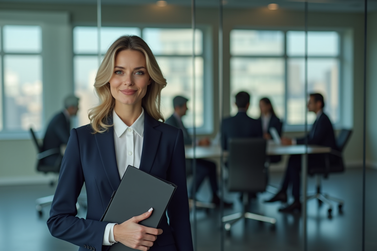 Manager femme en costume dans une salle de réunion moderne