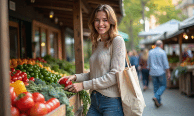 Jeune femme au marché bio avec sac en tissu