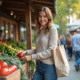 Jeune femme au marché bio avec sac en tissu