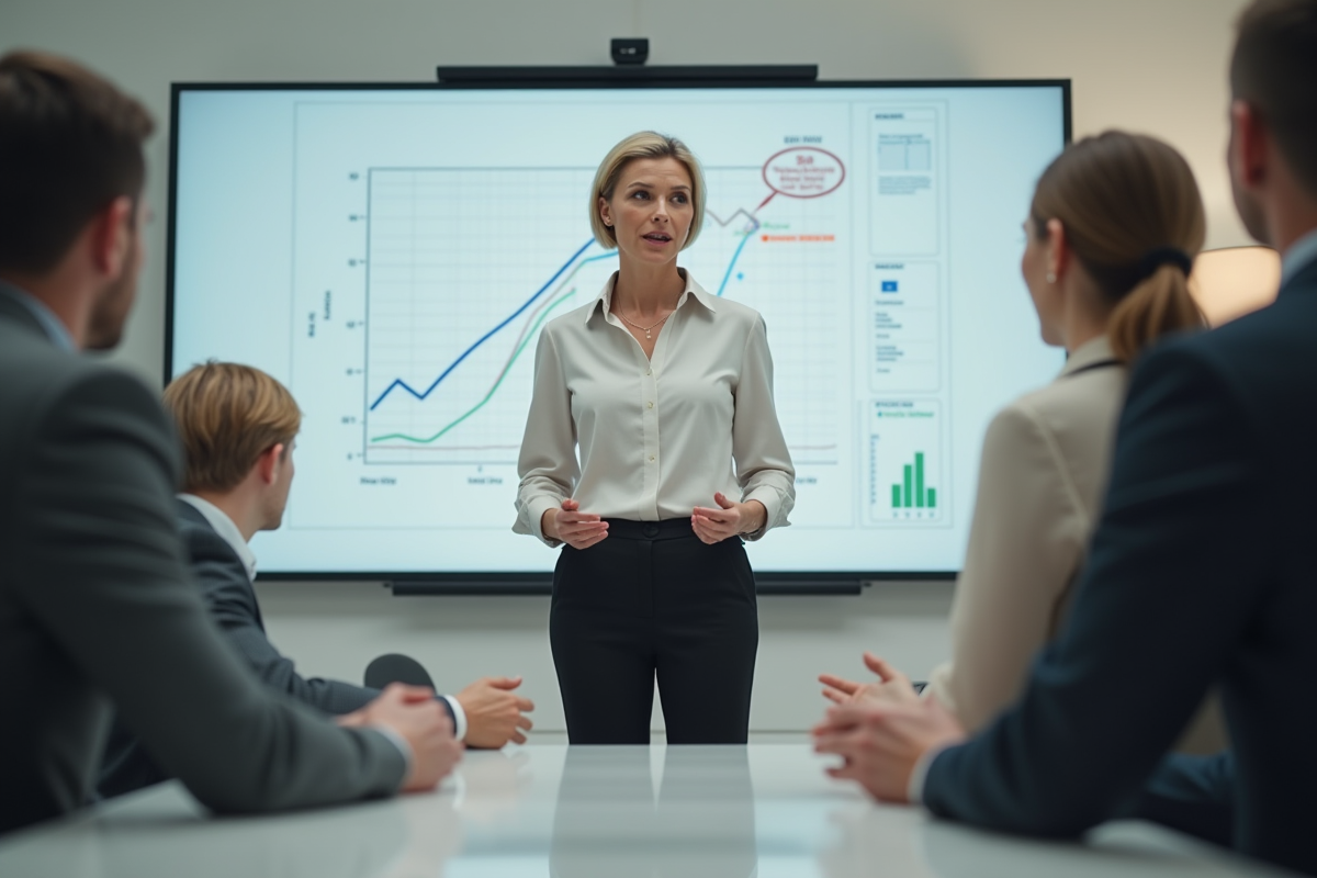 Femme en blouse anime un seminar sur marketing moderne